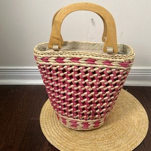 Vintage Basket Straws Wood Handle Bag